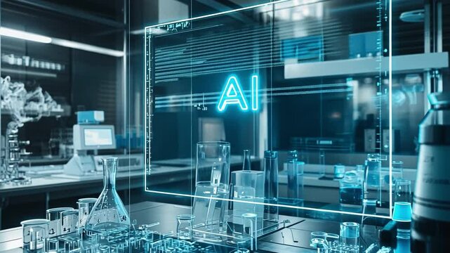Futuristic "AI" typography on a transparent screen in a digital lab