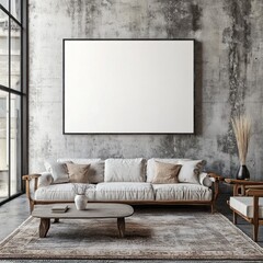 Modern living room with large blank canvas, white sofa, rug, and concrete wall.