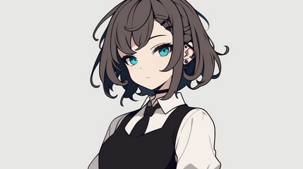 Anime Girl with Short Brown Hair in Pigtails Wearing a Black Dress and White Shirt