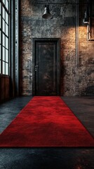 Obraz premium Elegant red carpet leading to a mysterious door in a rustic industrial setting at dusk