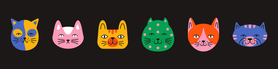 Vector playful set of colorful cartoon cat heads with exaggerated funny expressions. Perfect for stickers, avatars and kids designs. Kitten avatars in flat style.