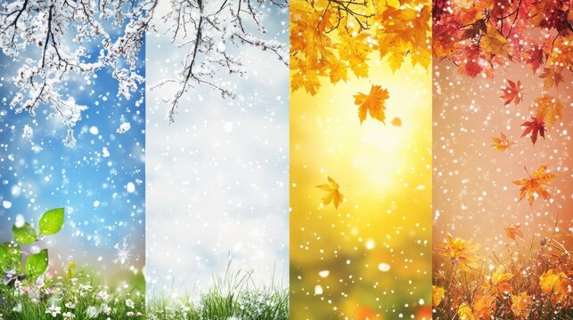 Showcasing the beauty of four distinct seasons in an elegant vertical format with changing landscapes and colors across spring, summer, autumn, and winter