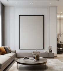 Modern living room with large blank canvas.