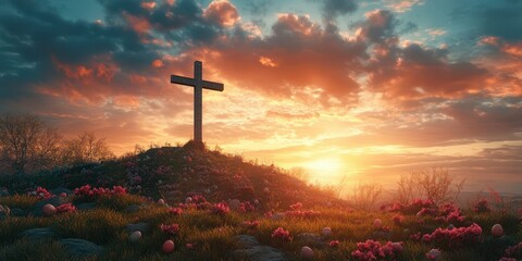 Sunset illuminates a cross on a hill surrounded by blooming flowers in a tranquil landscape