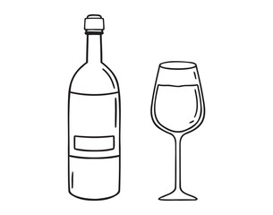 Wine bottle and wine glass doodle hand drawn icon. Outline drawing wine bottle and wine glass line clipart symbol