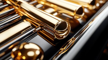 Naklejka premium Golden brass instrument close-up, dark background