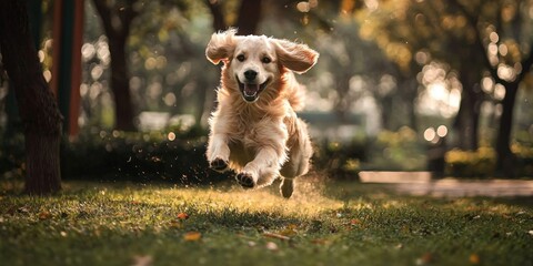 A joyful dog sprinting through a sunlit park.