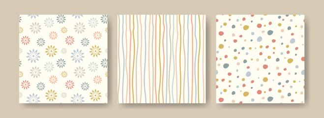 Vintage seamless pattern set with simple daisy flower, organic lines, polka dot textures. Cute pastel colors Backgrounds. Versatile for textile, scrapbooking, stationery, packaging, interior decor