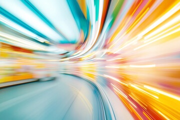 Dynamic abstract motion blur in colorful retail space with vivid lights and curved perspective