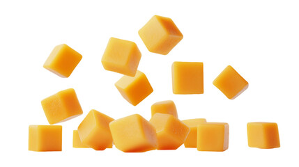 Floating Orange Cheese Cubes on Transparent Background, PNG