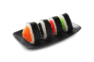 Tasty tobiko onigiri (Japanese rice balls) on white background