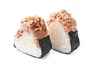Tasty onigiri (Japanese rice balls) with tuna on white background