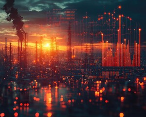 Industrial skyline at sunset with data visualization overlay and pollution effects
