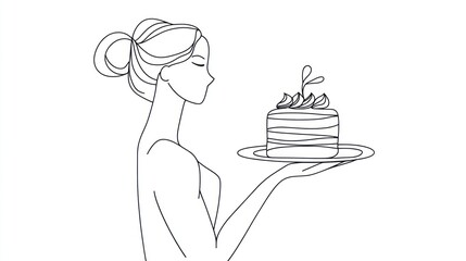 Woman Presenting Cake, Minimalist Illustration