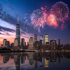 Fireworks Over New York City Skyline at Night, a stunning view of the New York City skyline with vibrant fireworks lighting up the night sky and reflecting off the water, creating a festive atmosphere