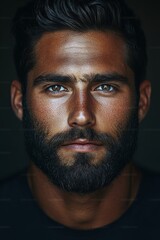 Obraz premium Close-up portrait of a man with a well-groomed beard and intense gaze against a dark background