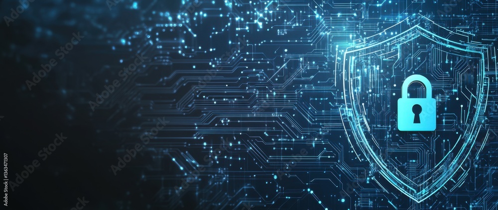 Poster digital background featuring cyber security and data protection, with a circuit board pattern and a 