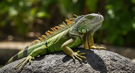 A magnificent green iguana basking serenely on a sun-warmed volcanic rock formation