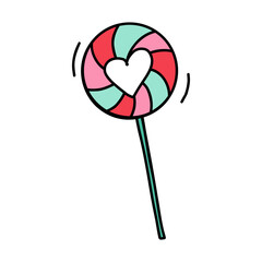 Swirl lollipop with heart inside isolated on white background in doodle style. Hand drawn cute lollipop for Valentines Day, weddings, Xmas, Easter, Halloween, birthday. Lollipop for sweet celebrations