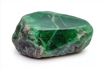 Polished emerald stone rich green with light reflections isolated on a white background  