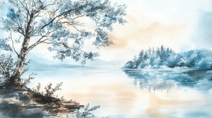  soft sky blue and white watercolour river and tree