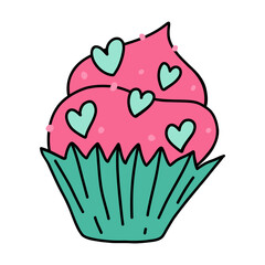 Hand drawn cupcake with pink frosting and heart shaped decorations. Perfect for Valentines Day celebrations, this sweet and cute cupcake makes great gift for expressing love and affection. Cupcake.