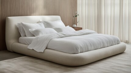 Upholstered platform bed adorned with crisp white linens stands elegantly
