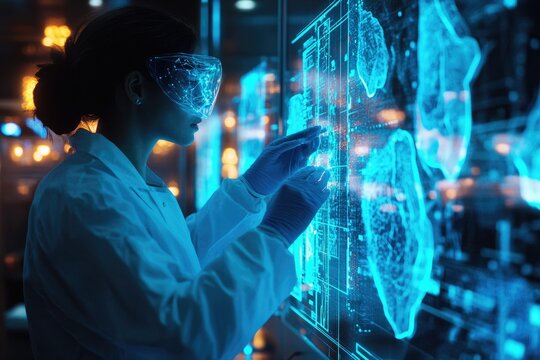Scientist Analyzing Digital Brain Data with Ar Glasses in Futuristic Lab