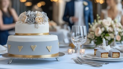 Elegant wedding cake decorated with silver and gold accents at a joyful celebration with guests enjoying the festivities