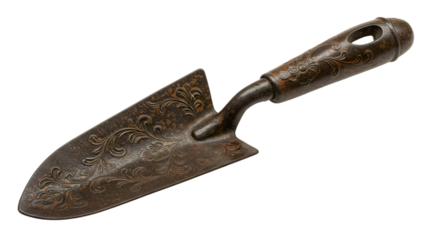 Vintage Garden Tool with Ornate Design on Blade and Handle, Perfect for Gardening Enthusiasts and Collectors, Rustic Farming Equipment