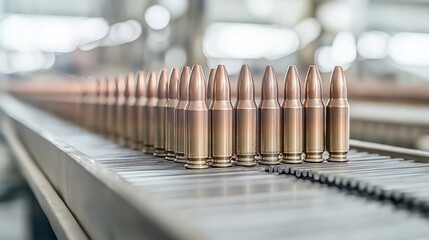 Close up of ammunition production showing lined up bullets in manufacturing facility