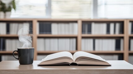 Fototapeta premium Cozy reading setup with an open book and steaming coffee in a minimalist library space