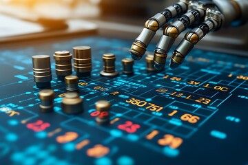 A metallic hand examining data represented on an electronic display