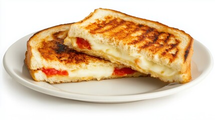 Delicious grilled sandwich with melted cheese and red tomatoes on a bright plate