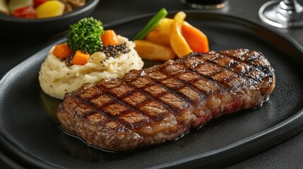 Juicy Grilled Steak Served with Creamy Mashed Potatoes and Vegetables