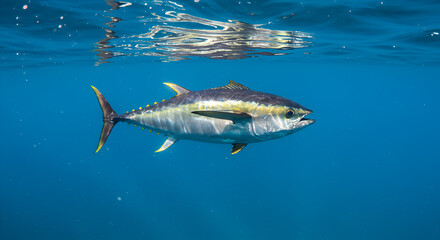 Majestic yellowfin tuna gliding through deep ocean's surface waters