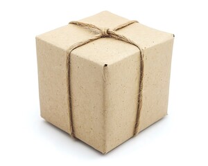 A brown paper package tied with natural twine on white