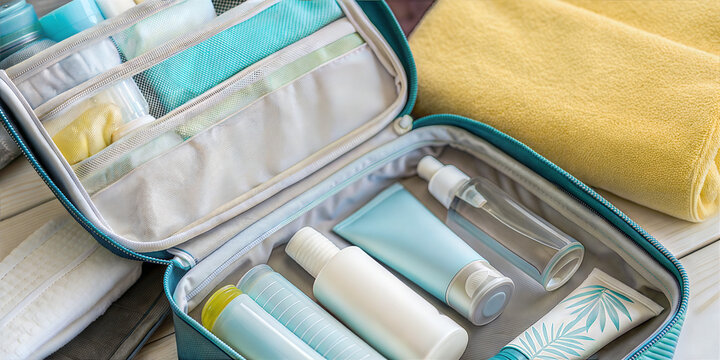 Open travel toiletry bag with skincare and hygiene products neatly packed inside