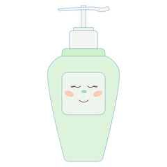 Cute Funny Smiling Bottle Character Icon, Positive Childish Cosmetic product Element Hand Drawn Doodle Art. Skincare Container Symbol Baby Nursery Decor Element. 