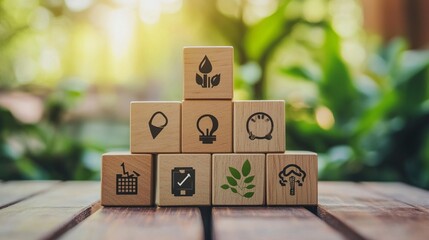 Wooden blocks featuring icons that represent capacity-building concepts like education, training, innovation, and collaboration, set against a natural background.