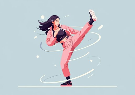 Dynamic woman performing a high kick in stylish athletic wear