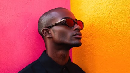 Fashionable model wearing sunglasses poses against a vibrant two toned background, creating a striking image that embodies modern style and confidence