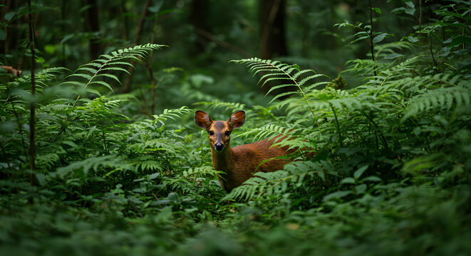 Serene encounter: a shy chevrotain gazes amidst verdant foliage in the forest