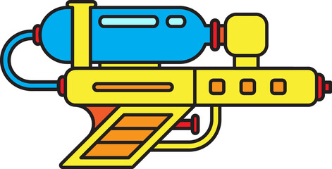 a colorful illustration of a water gun. It has a blue tank, yellow body and orange details, perfect for summer fun and Designed for the Thai Songkran Day, which is considered the Thai New Year.