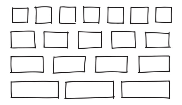 Free outline hand drawn vector squares, rectangles different sizes. Scribble rectangular frames set. Freehand square borders. Text highlight underline. 