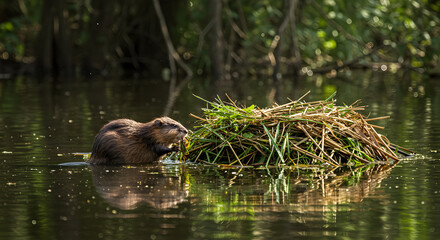 Focused beaver swimming towards its lodge amidst tranquil river backdrop