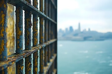 Eerie Perspective of Alcatraz Prison Bars with Blurred San Francisco Skyline in Distance