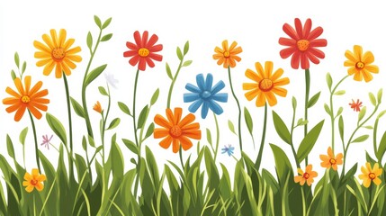 Colorful plants flat illustration with vibrant flowers and fresh green leaves on a white background