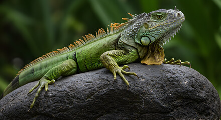 Fototapeta premium Captivating close-up of a green iguana basking peacefully on a dark rock