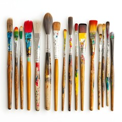 Fototapeta premium A Collection of Used Paintbrushes with Vibrant Colors Arranged on White Background